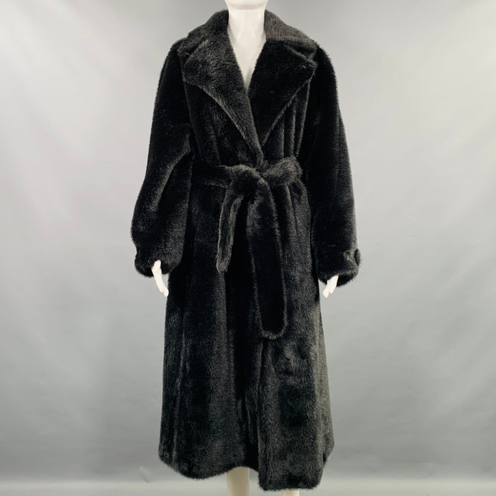 SANDRO Size S Black Polyester Textured Faux Fur Notch Lapel Coat