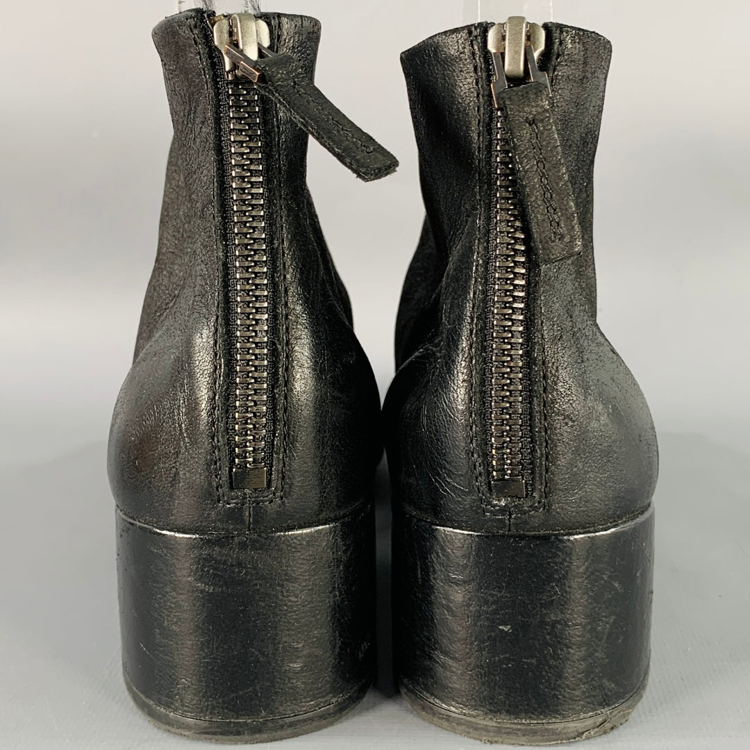 MARSELL Size 7.5 Black Leather Peep Toe Stacked Heel Ankle Boots