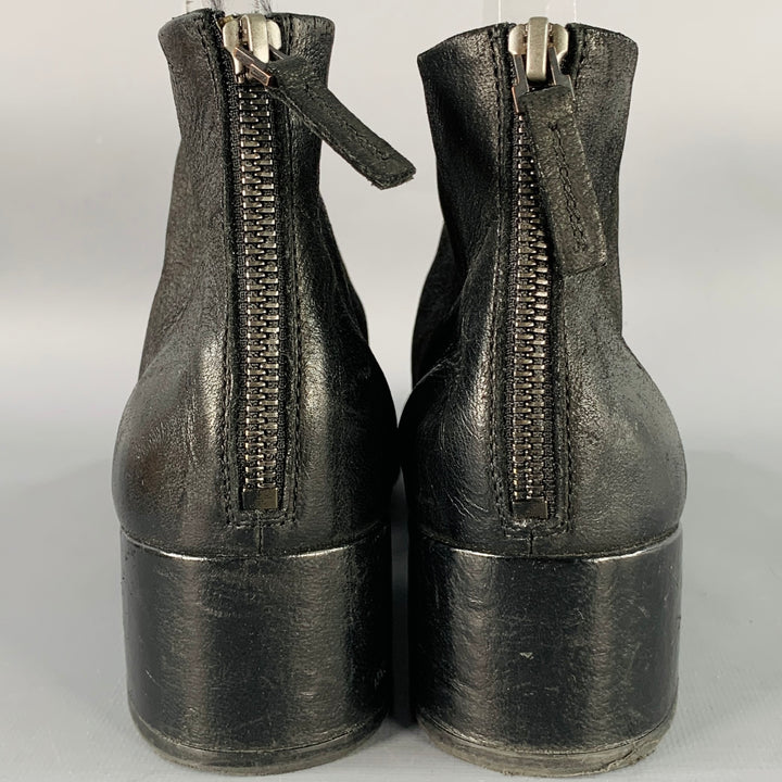 MARSELL Size 7.5 Black Leather Peep Toe Stacked Heel Ankle Boots