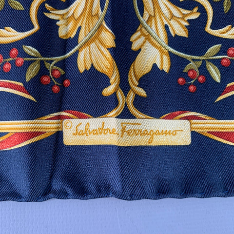 SALVATORE FERRAGAMO Navy Multi Color Birds Silk Twill Pocket Square