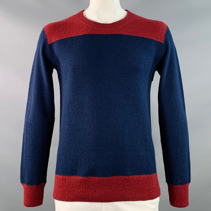 VISVIM Size L Navy Burgundy Color Block Wool Crew Neck Sweater