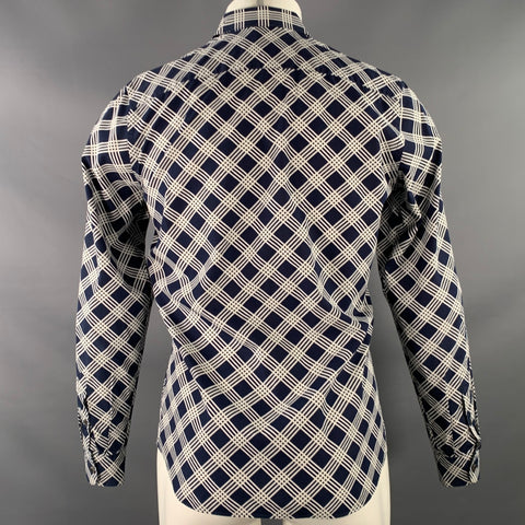 PRADA Size S Navy White Plaid Cotton Button Up Long Sleeve Shirt
