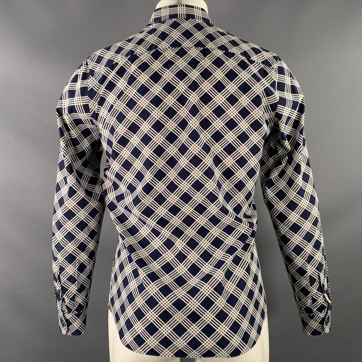 PRADA Size S Navy White Plaid Cotton Button Up Long Sleeve Shirt