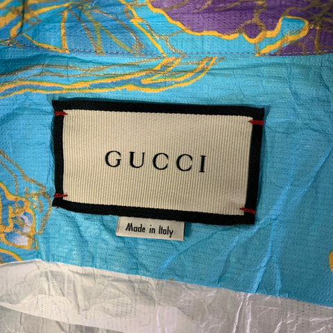 GUCCI Size S Blue Floral Polyethylene Oversized Camp Short Sleeve Shirt