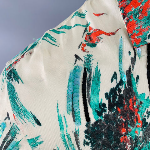 DRIES VAN NOTEN Size XS Cream Green Red Sequined Floral Viscose Camp Short Sleeve Shirt
