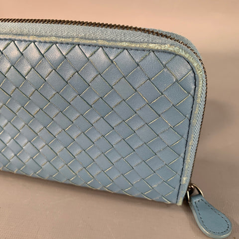 BOTTEGA VENETA Blue Woven Intrecchiato Leather Zipper Checkbook Wallet