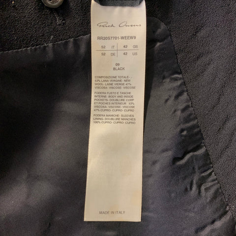 RICK OWENS Size 42 Black Wool  Viscose Blend Notch Lapel Coat