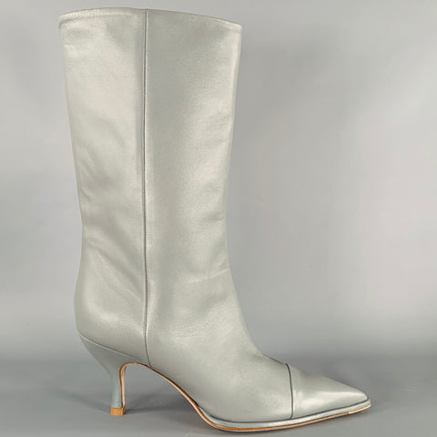 SANIA D'MINA Size 10 Grey Leather Kitten Heel Boots