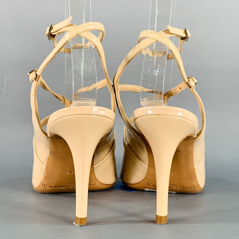 CHARLES KAMMER Size 6 Beige Nude Patent Leather Peep Toe Strappy Sandals