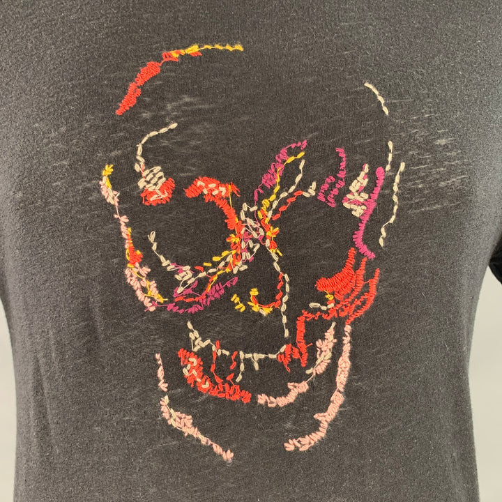 JOHN VARVATOS Size L Black Multi Color Skull Embroidery Short Sleeve T-shirt
