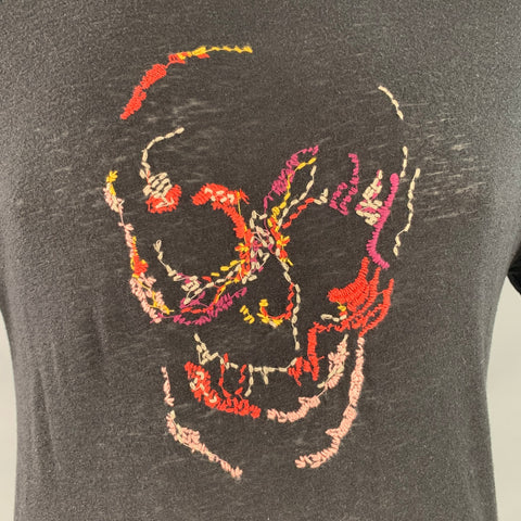 JOHN VARVATOS Size L Black Multi Color Skull Embroidery Short Sleeve T-shirt