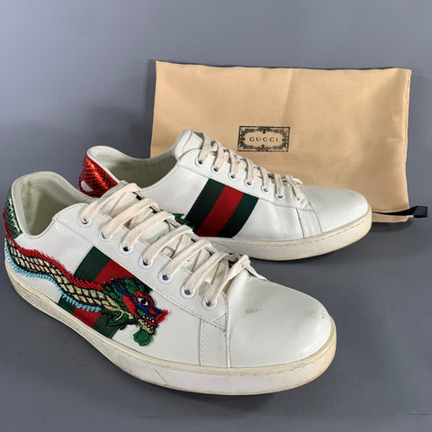 GUCCI Size 11.5 White Green & Red Applique Leather Lace Up Sneakers