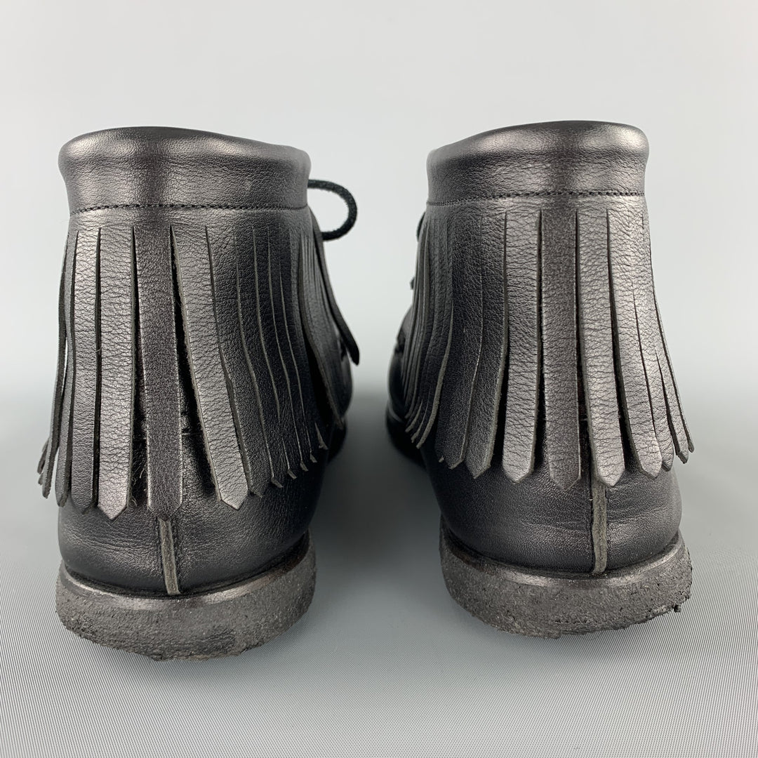 SAINT LAURENT Size 12 Black Leather Fringed Moccasin Style Boot Sneakers