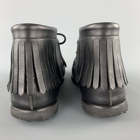 SAINT LAURENT Size 12 Black Leather Fringed Moccasin Style Boot Sneakers