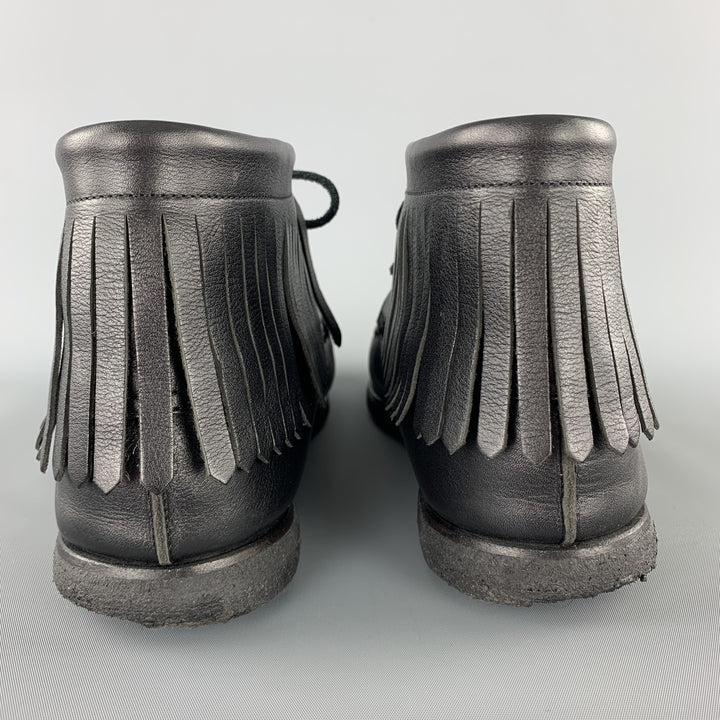 SAINT LAURENT Size 12 Black Leather Fringed Moccasin Style Boot Sneakers