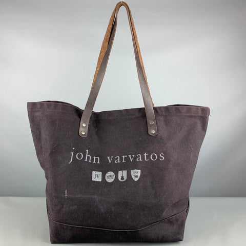 JOHN VARVATOS Brown Purple Logo Canvas Leather Tote Bags
