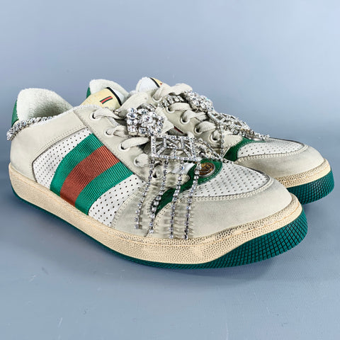 GUCCI Size 9 -Screener- Off White Distressed Leather Lace-Up Sneakers