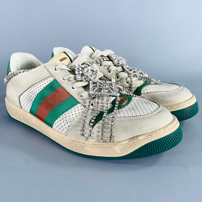 GUCCI Size 9 -Screener- Off White Distressed Leather Lace-Up Sneakers