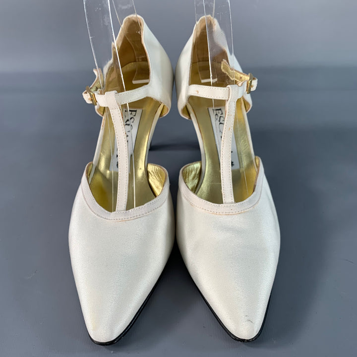 ESCADA Size 8 Ivory Silk Leather T- Strap Pumps