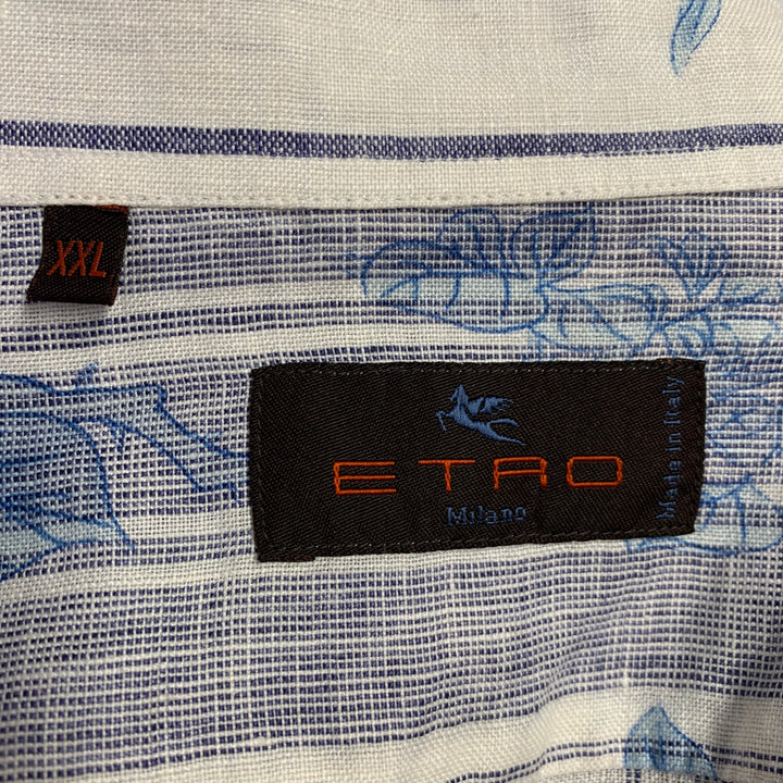 ETRO Size XXL White Blue Floral Linen Curved Cutaway Long Sleeve Shirt