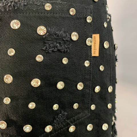 RETROFETE Size XS Angel Black Denim Twill Crystal Studded Distressed Button Fly Mini Shorts