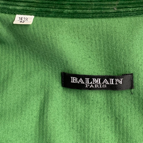 BALMAIN Size L Green Corduroy Cotton Distressed Western Long Sleeve Shirt