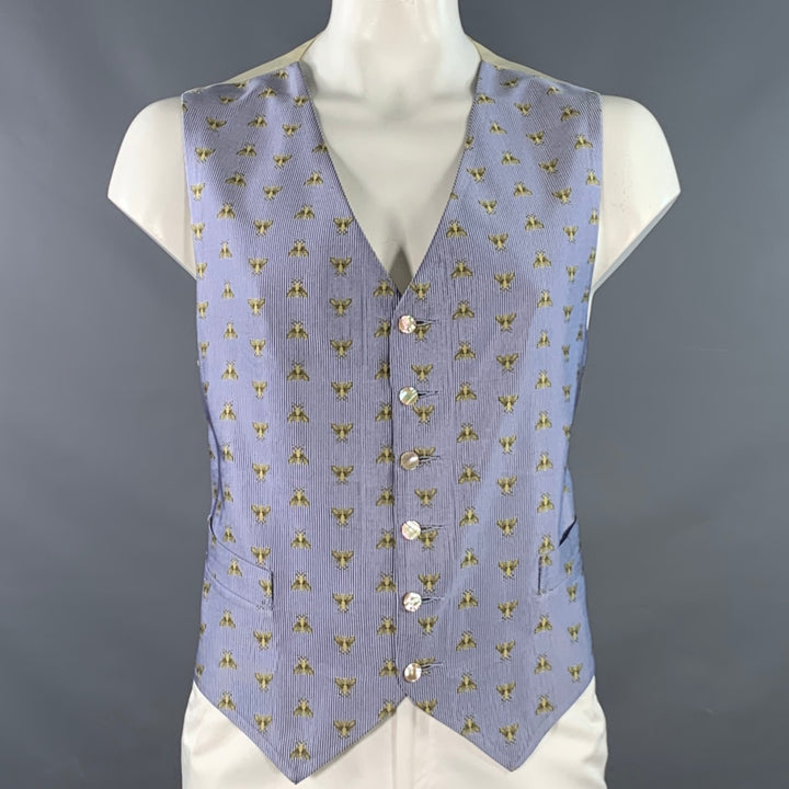 FAVOURBROOK Size 46 Blue Gold Embroidered Bees Silk Classic Vest
