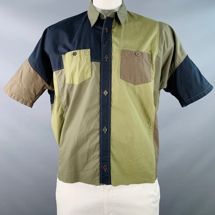 FDMTL Size XL Green Black Cotton Raw Edge Patchwork Short Sleeve Shirt