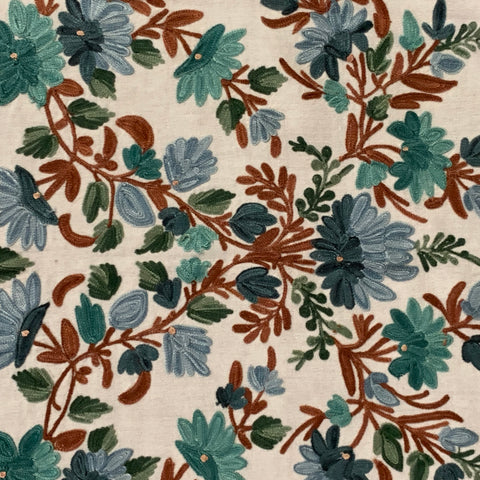 Châle écharpe VINTAGE brodé floral franges blanc bleu vert