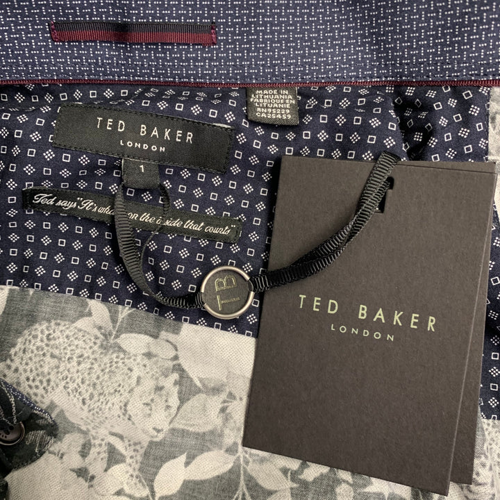 TED BAKER Size XS Stylo Black Grey Floral Leopards Cotton Spread Collar Long Sleeve Shirt