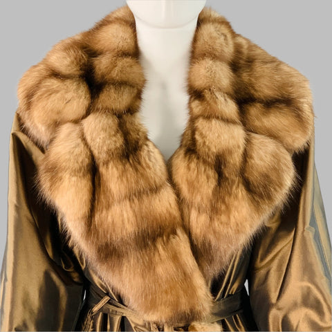 MAXIMILIAN MEERSTEIN Size 8 Brown Gold Silk Fur Trim Belted Coat