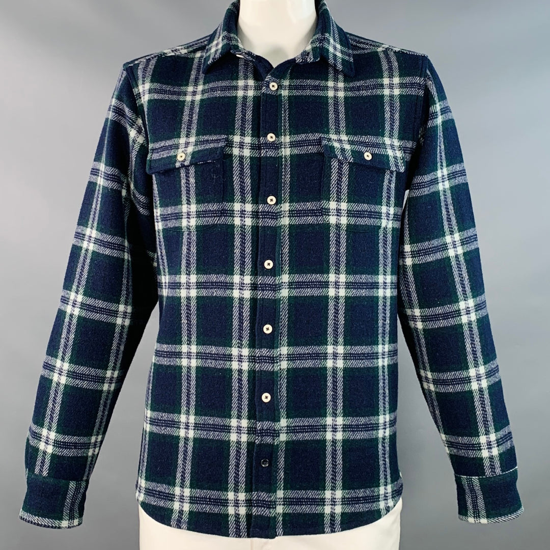 TAYLOR STITCH Size XL Navy Green White Plaid Wool Blend Long Sleeve Shirt Jacket