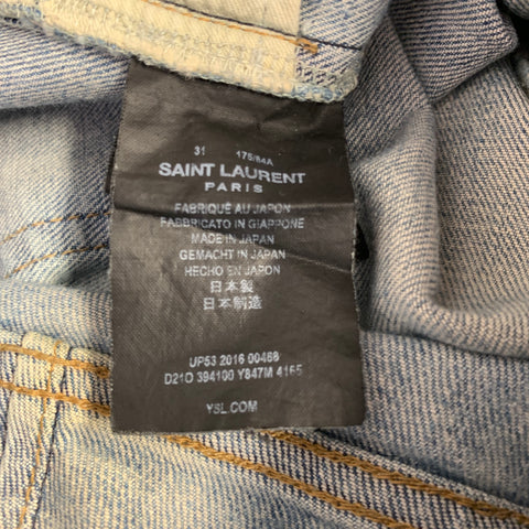 SAINT LAURENT 2016 Size 31 Blue Distressed Cotton Blend Narrow Leg Jeans