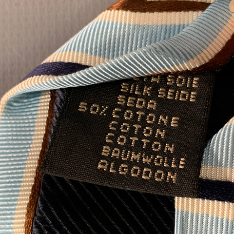 ERMENEGILDO ZEGNA Blue Brown White Diagonal Stripe Silk Cotton Twill Tie