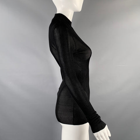 SAINT LAURENT Size M Black Silk Ribbed Turtleneck Casual Top