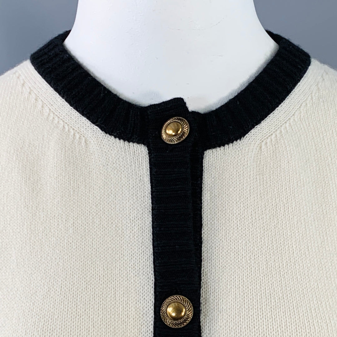 SAINT LAURENT Size L Cream Black Cashmere Contrast Trim Cardigan