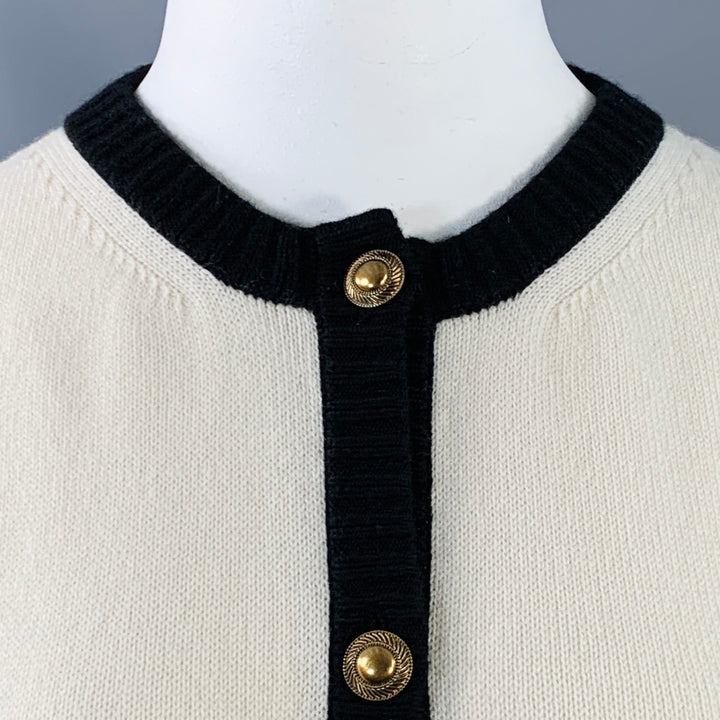 SAINT LAURENT Size L Cream Black Cashmere Contrast Trim Cardigan