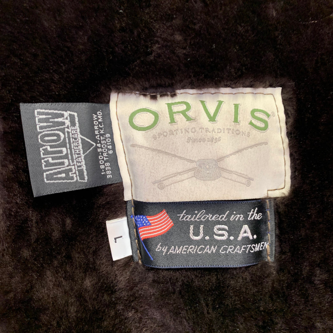 ORVIS Size L Brown Suede Shearling Lined Zip Buttons Coat