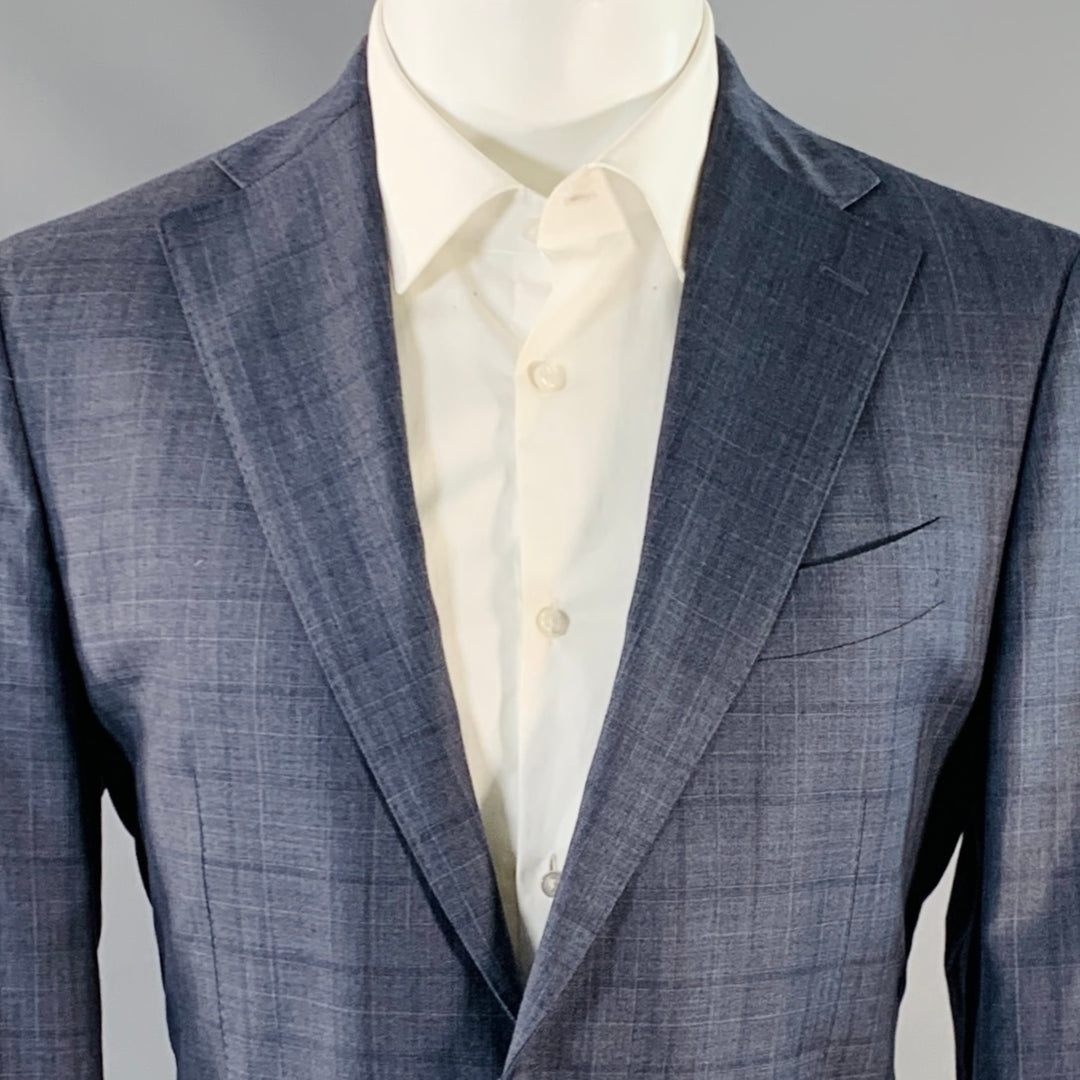 SALVATORE FERRAGAMO Size 40 Navy Blue Checkered Virgin Wool Sport Coat