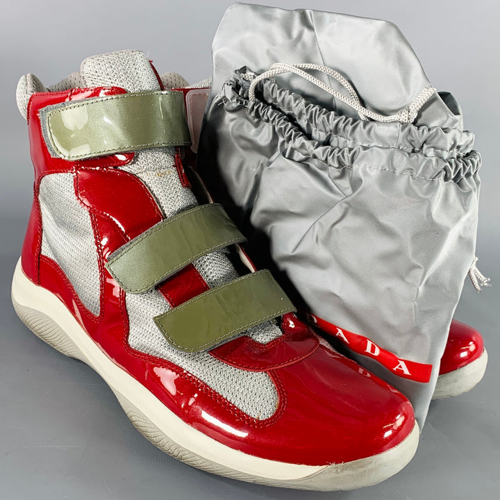 PRADA Size 11 America's Cup Red Silver  Mesh High Top Sneakers