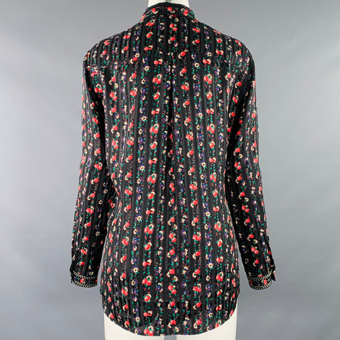 SEZANE Size 4 Black Multi Color Silk Floral Long Sleeve Blouse