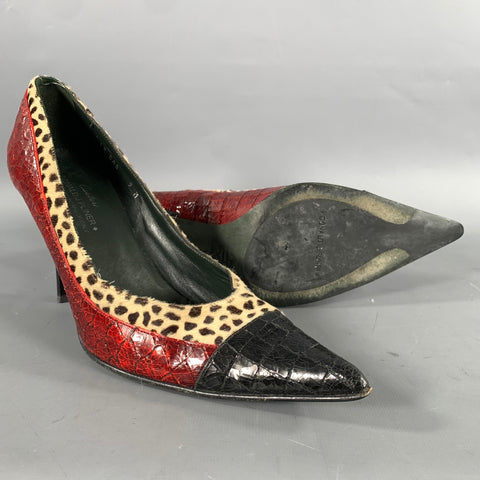 DONALD J PLINER Size 9 Red Tan Leather 12 CAB 9 M Embossed Pointed Toe Pumps
