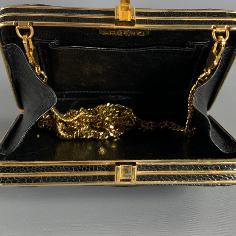 LORENZI Black Gold Leather Lizard Evening Handbag