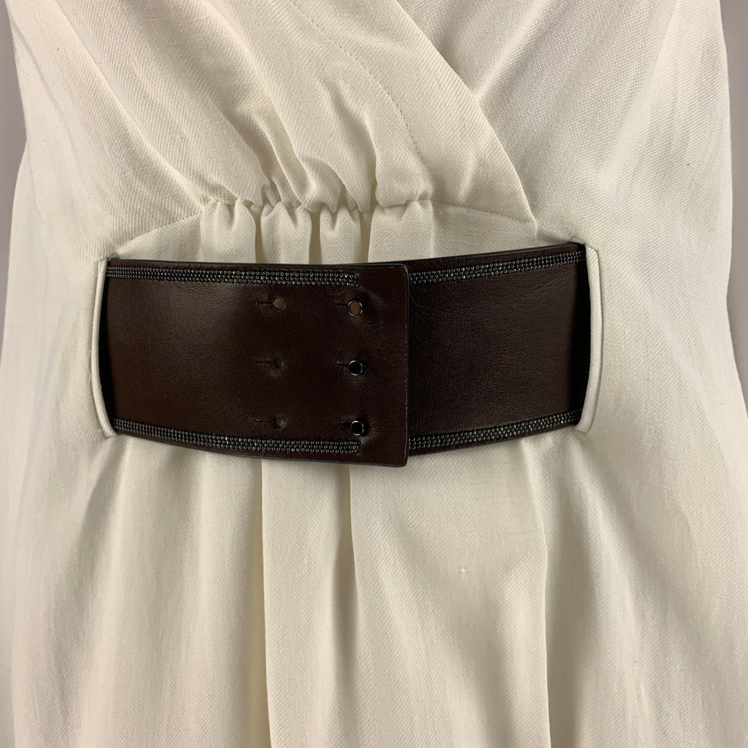 BRUNELLO CUCINELLI Size S White Brown Viscose Linen Belted Dress