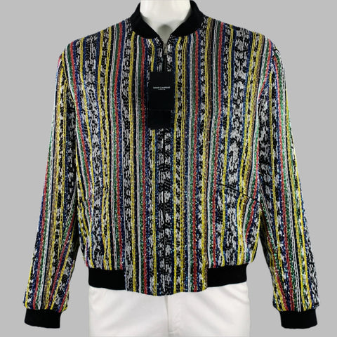 SAINT LAURENT Veste en viscose Ikat brodée multicolore perles noire Taille XL