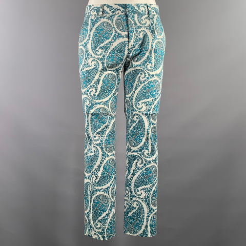 MR TURK Chest Size 40 White Blue Paisley Cotton Blend Notch Lapel 34 28 Suit