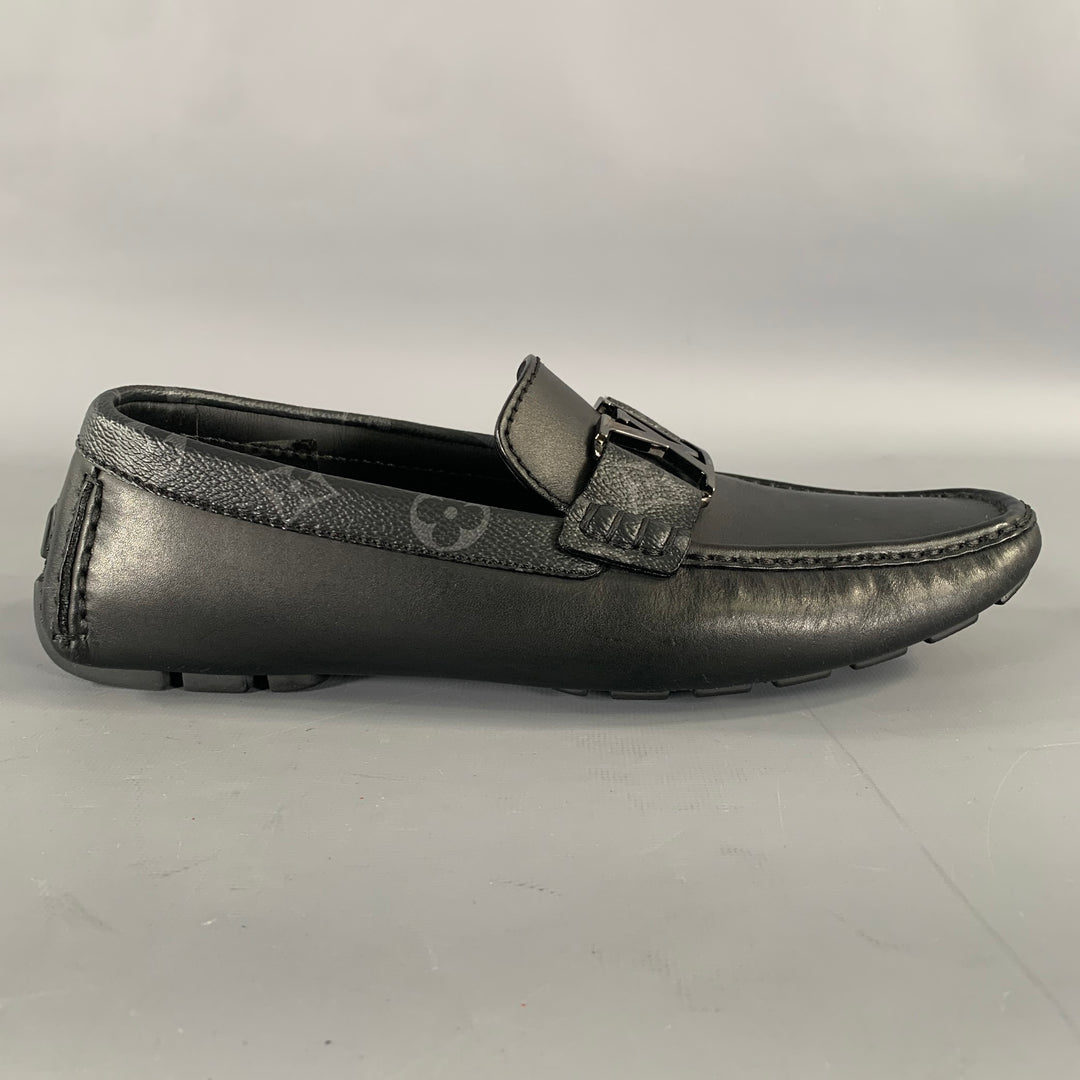 LOUIS VUITTON Size 7.5 Black Grey Logo Leather Loafers