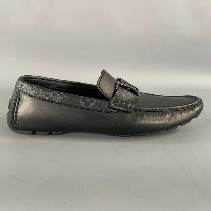 LOUIS VUITTON Size 7.5 Black Grey Logo Leather Loafers