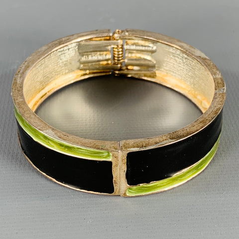 Bracelet manchette VINTAGE en métal émaillé argent, vert et noir