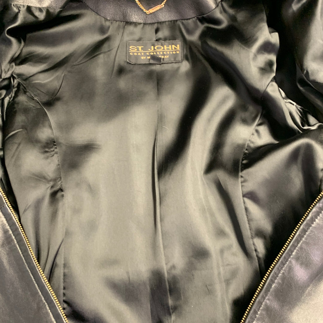 ST. JOHN Size S Black Gold Leather Belted Blazer Jacket